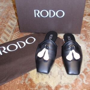 RODO Black Leather with Wicker Tassel Flat Slide Shoes Size 37.5